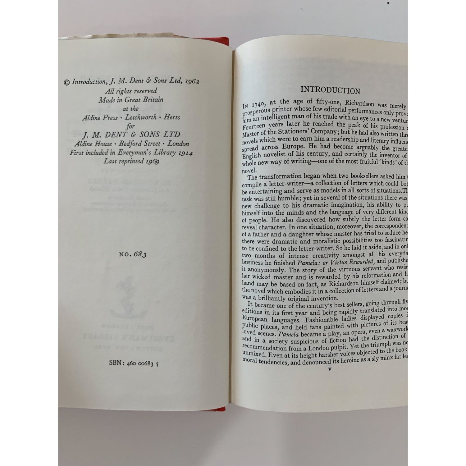 Pamela, Volume One, Hardcover - Everyman's Library 683, 1962 Hardcover - Pretty Old Books