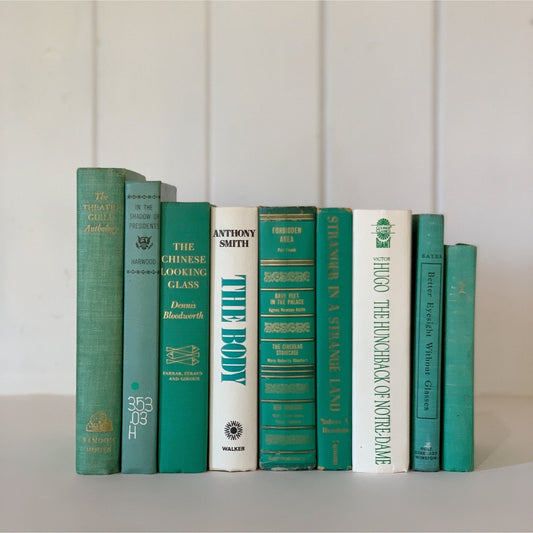 Teal Green and White Vintage Books for Bookshelf Decor - Pretty Old Books