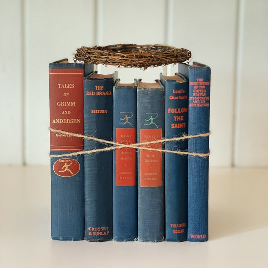 Vintage Navy Blue and Red Book Bundle For Decor, Masculine Mid - Century Handmade Decor - Pretty Old Books