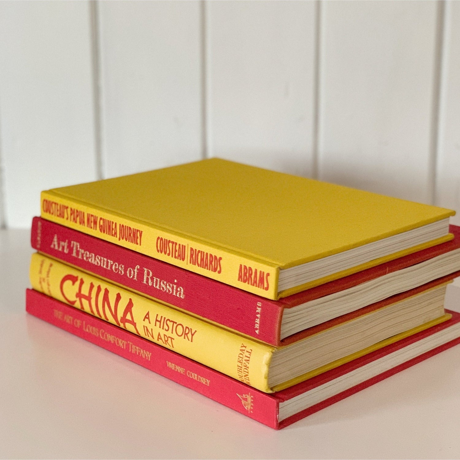 Vintage Red and Yellow Art Themed Coffee Table Book Set, Bright Book Decor - Pretty Old Books